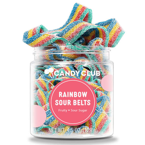 Candy Club Rainbow Sour Belts Gummy Candies in Jar, 4.5 oz.