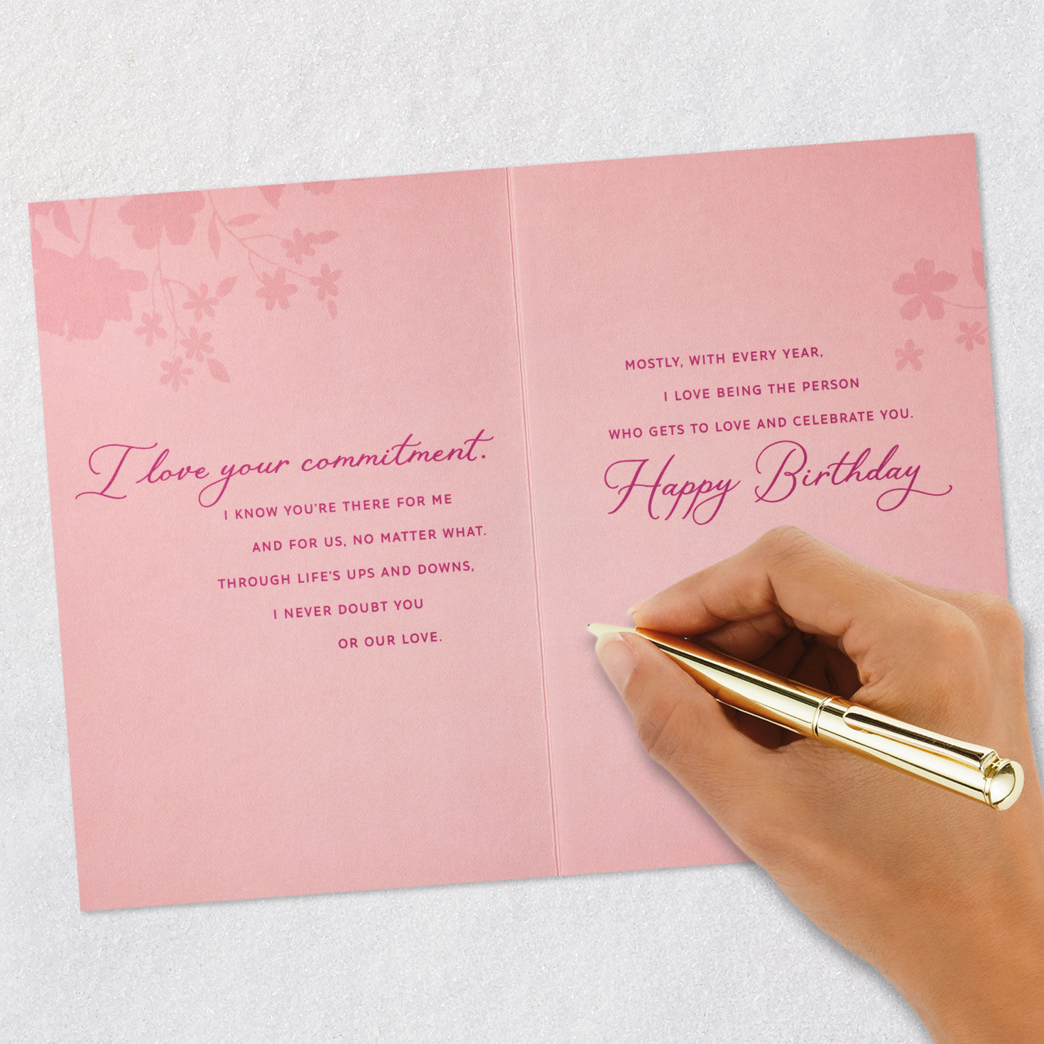 Pink and Gold Heart and Flowers Wife Birthday Card Signing card image number 8