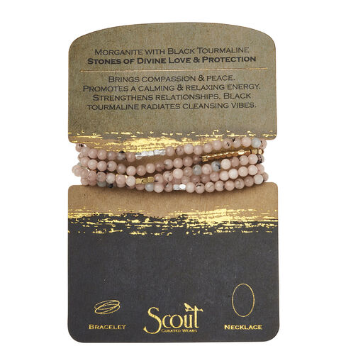 Morganite & Black Tourmaline Stone of Love Beaded Wrap Jewelry, 