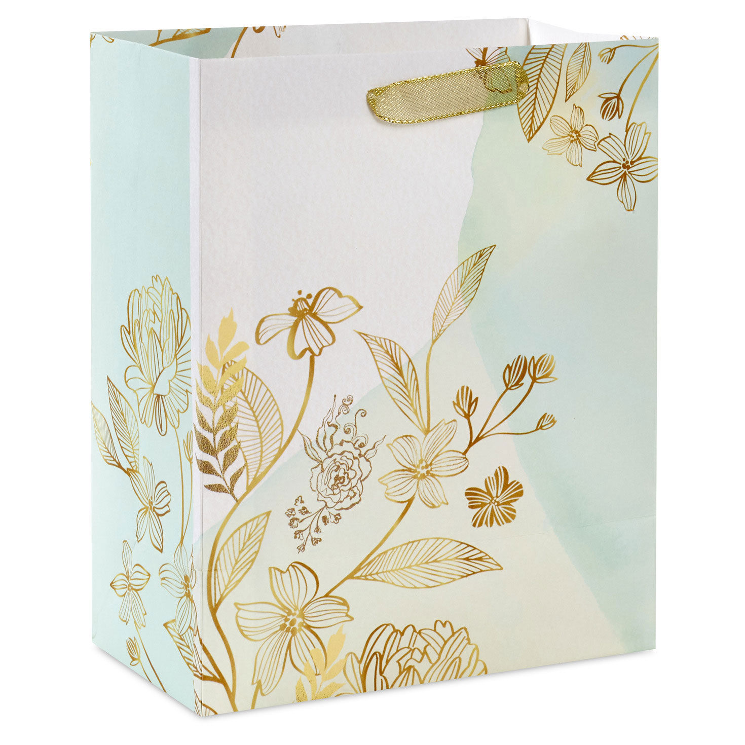 Gold Floral on Green Watercolor Medium Gift Bag back image number 6