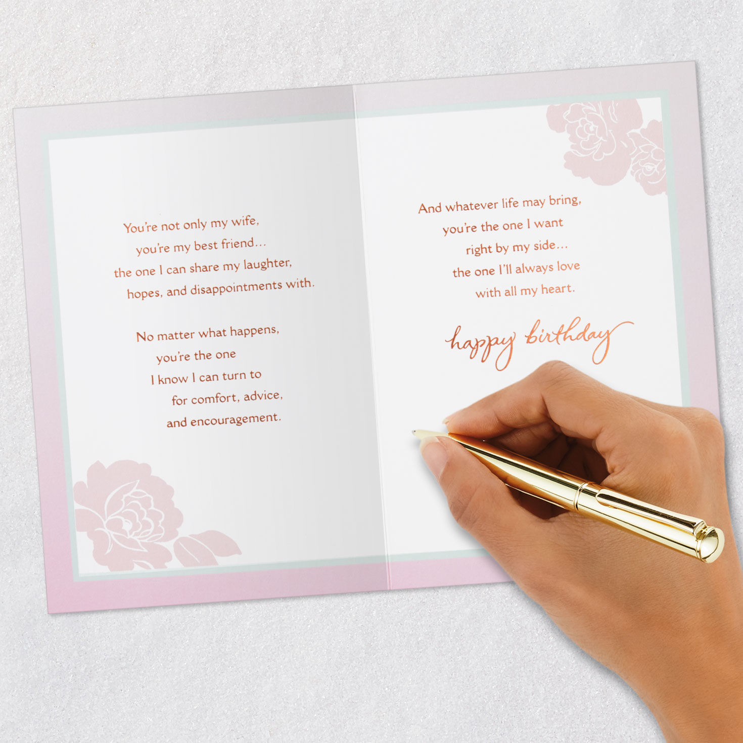 Elegant Roses on Pink Birthday Card for Wife signing card image number 7