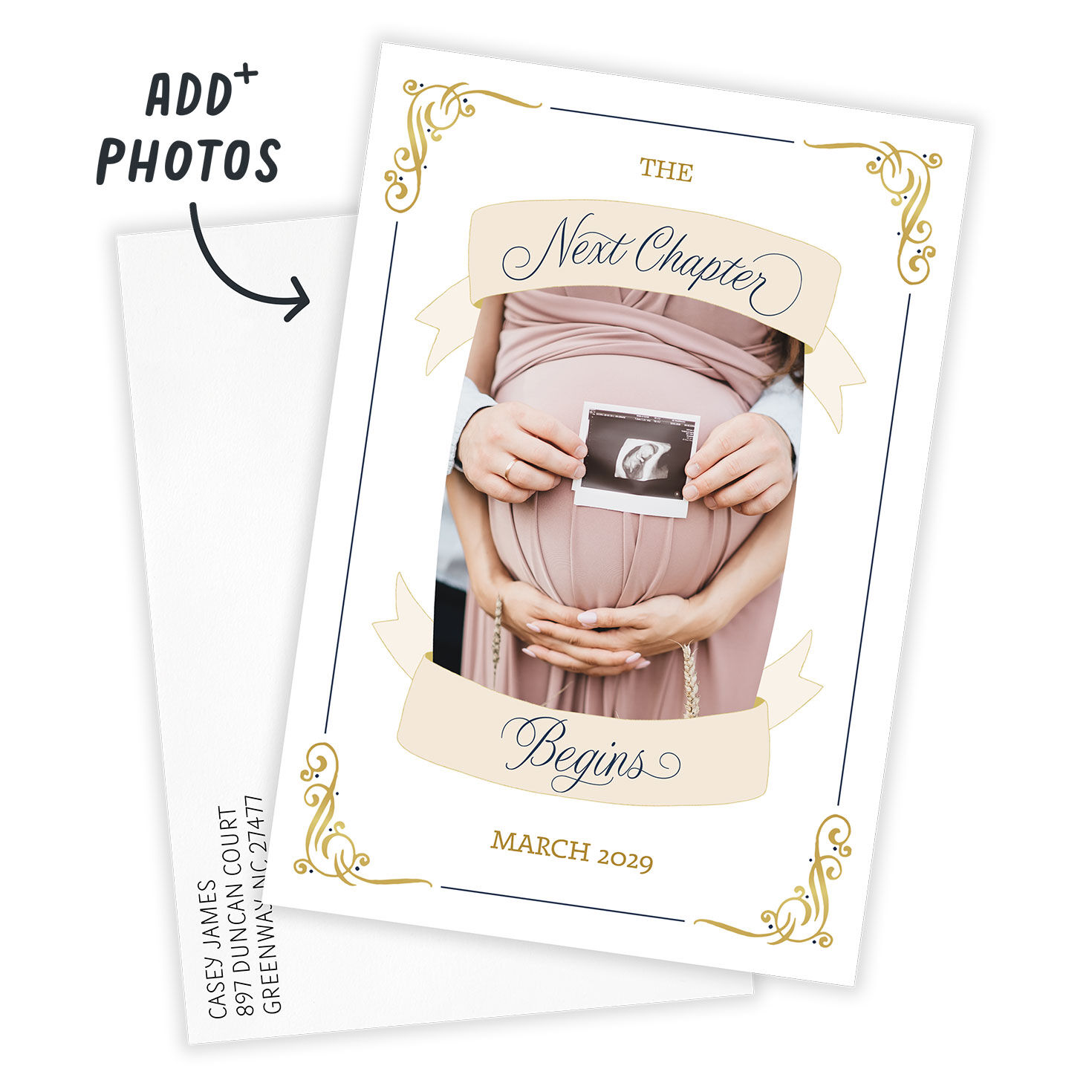 Corner Scrolls and Banners Pregnancy Announcement Card front with Envelope indicating personalization image number 2