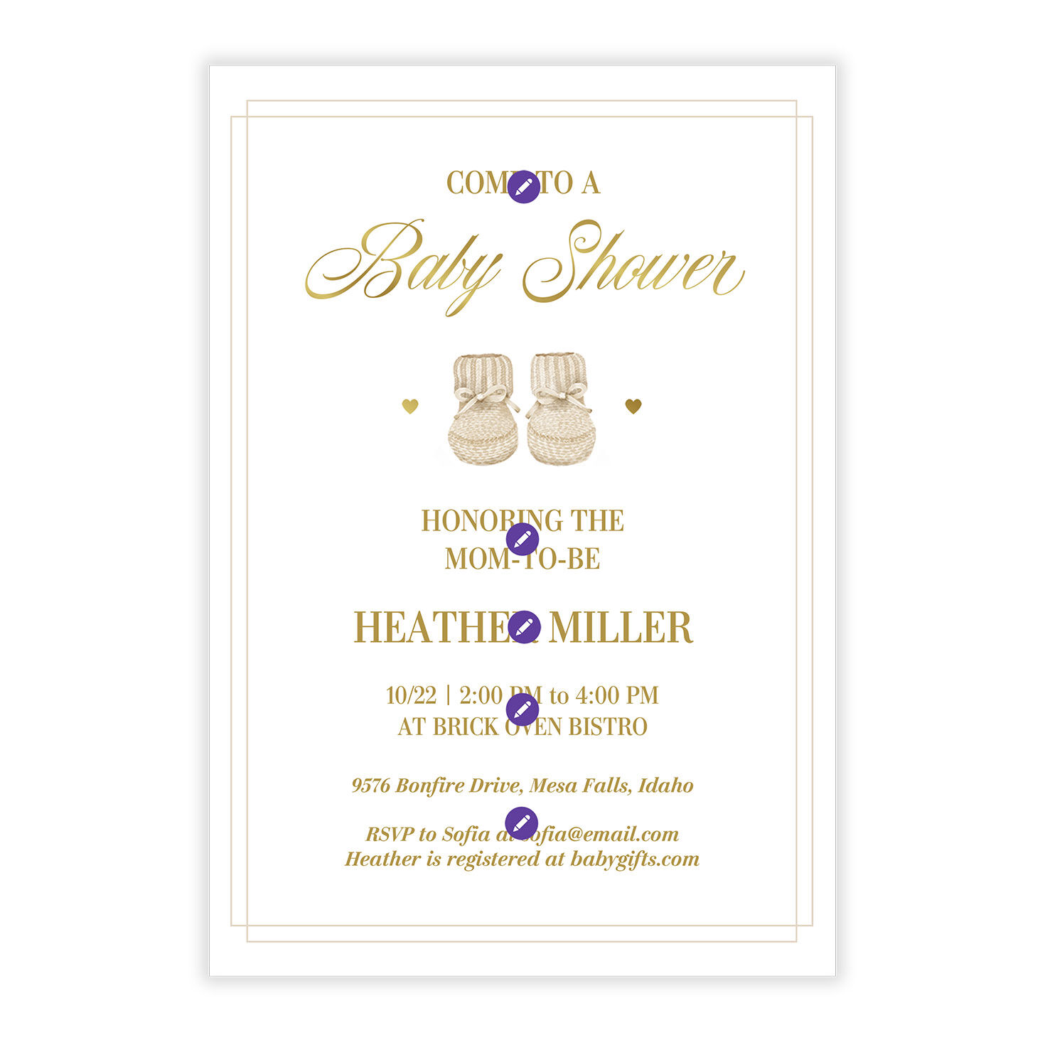 Gold Baby Booties Personalized Baby Shower Invite Card Front indicating personalization image number 5