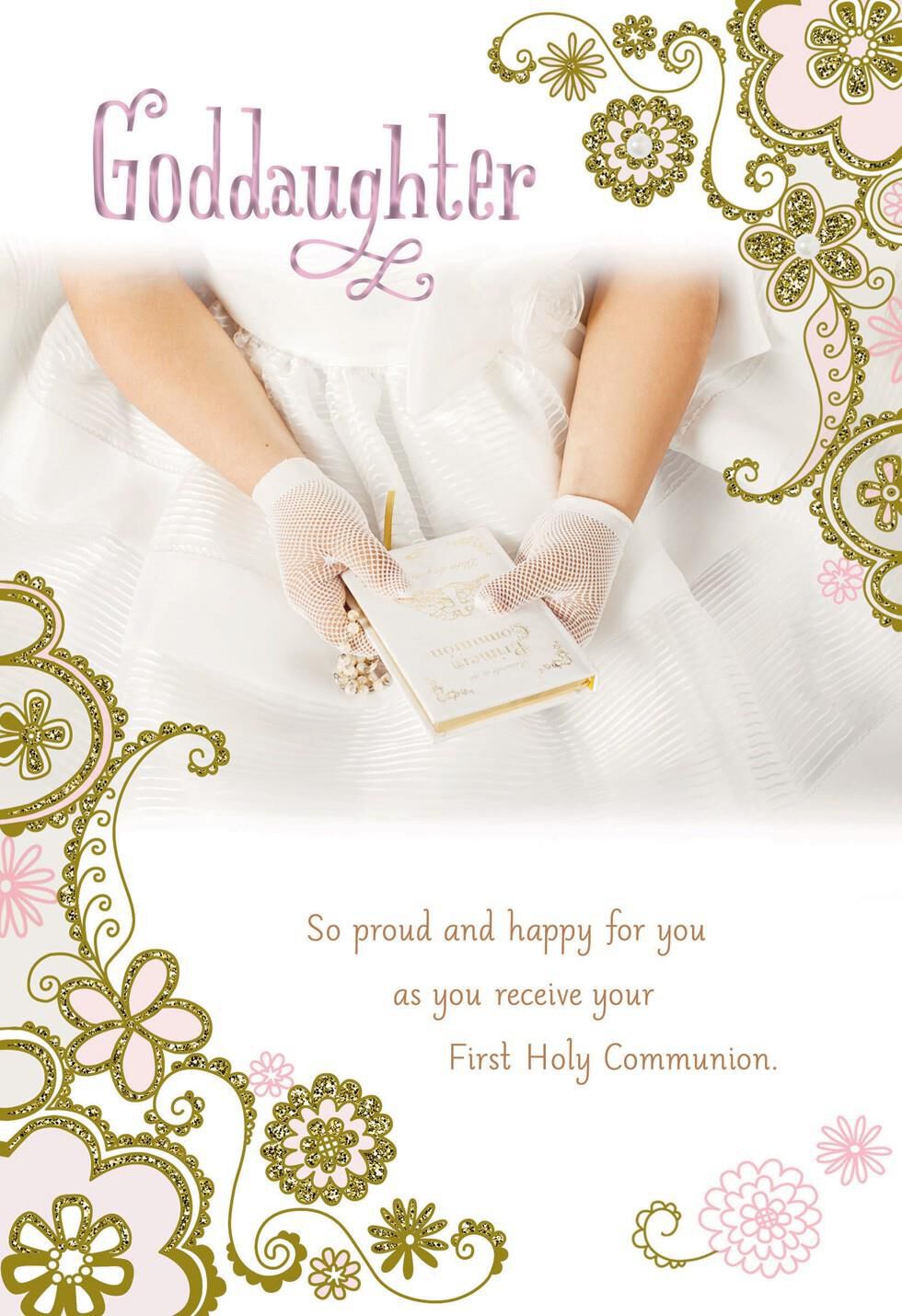 Hands in White Gloves First Holy Communion Card for Goddaughter