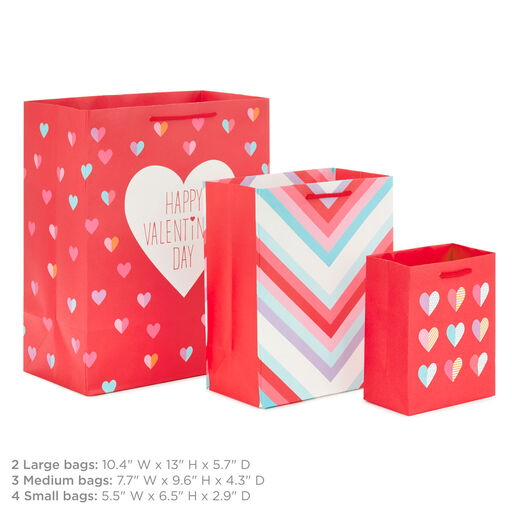Hearts and Stripes 8-Pack Valentine's Day Gift Bags, Assorted Sizes and Designs, 