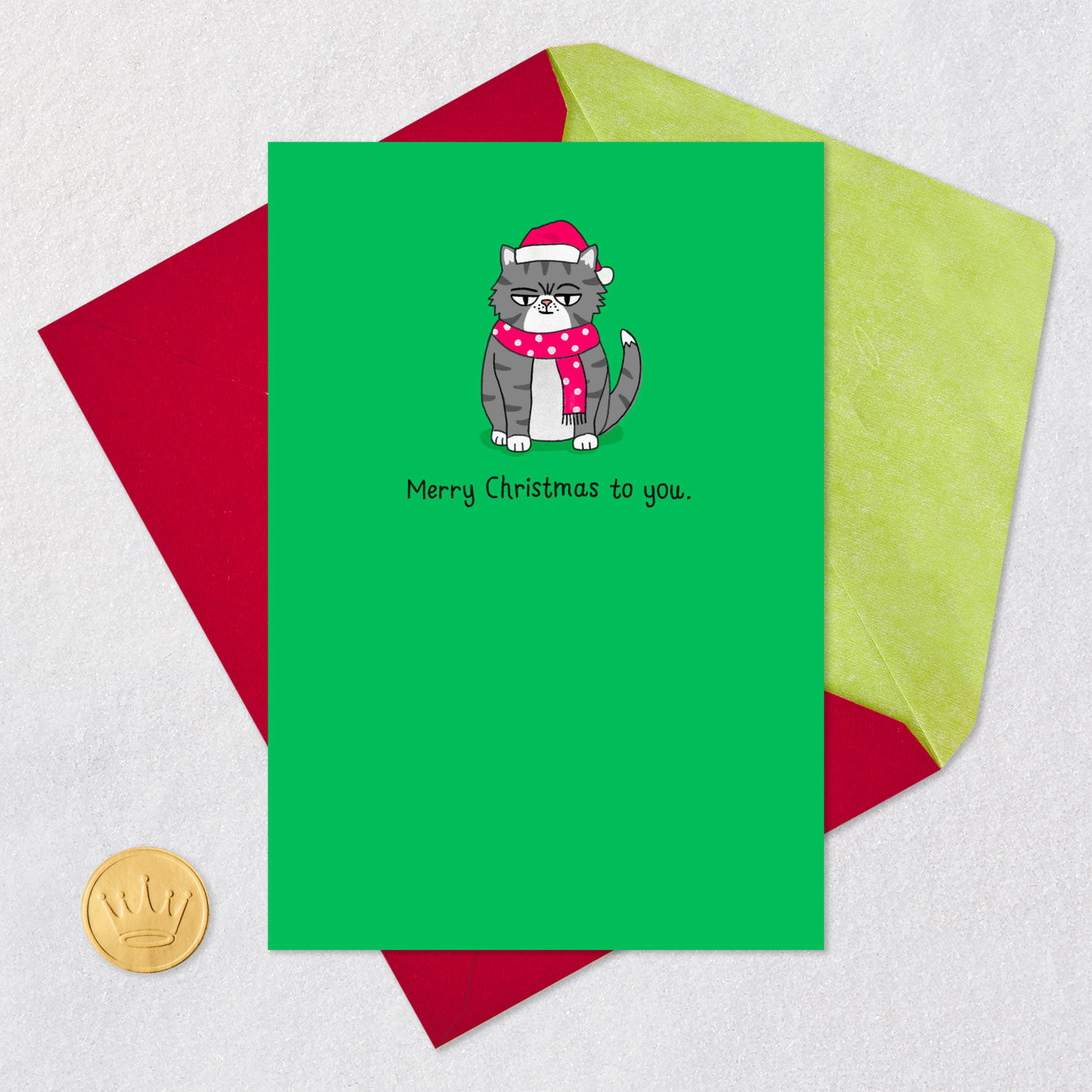 Gray Grumpy Cat Funny Christmas Card Card Front with Envelope and Gold Seal image number 5