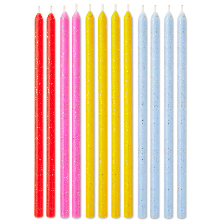 Assorted Color With Glitter Tall Birthday Candles, Set of 12