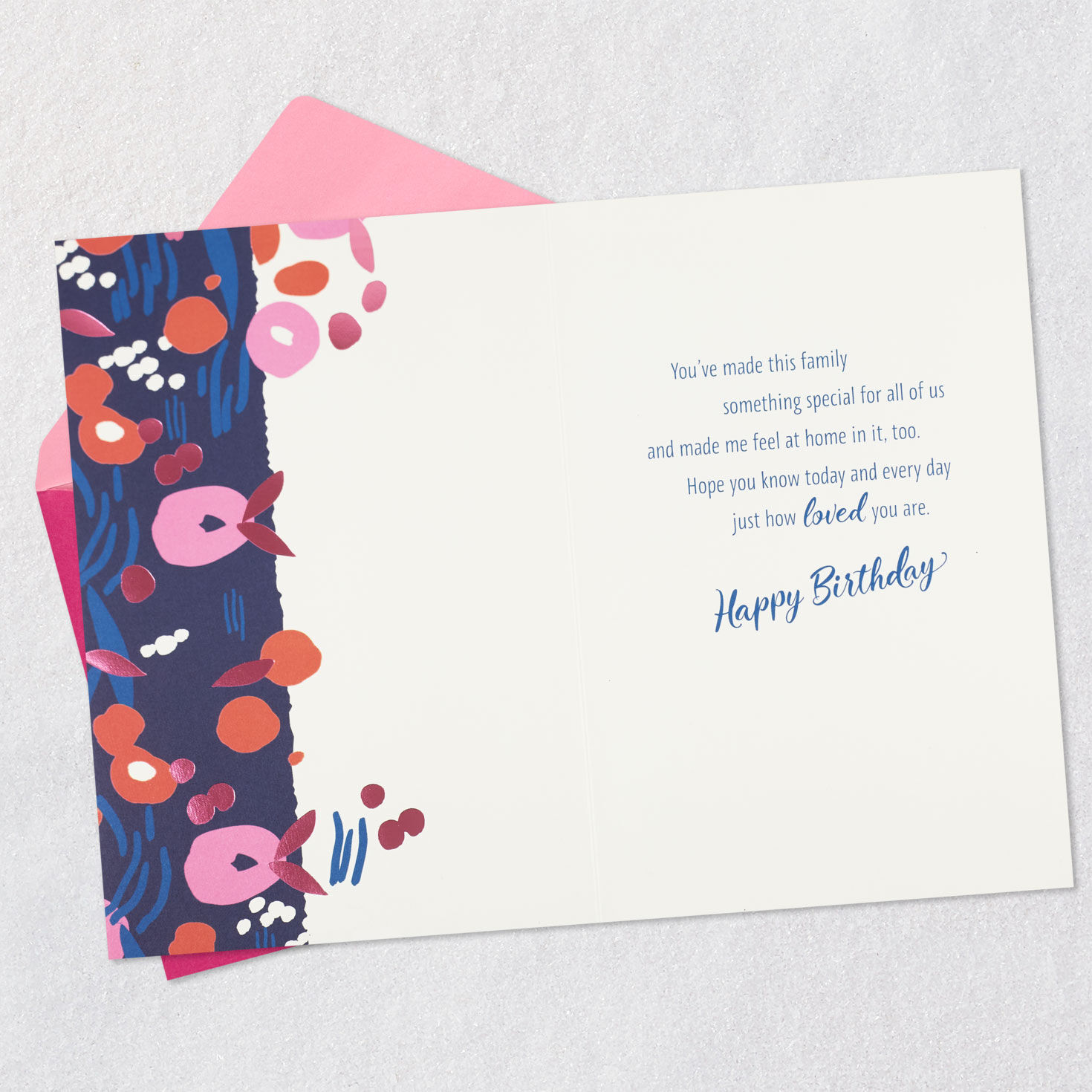 Flowers on Blue Mother-in-Law Birthday Card Open card with envelope image number 3