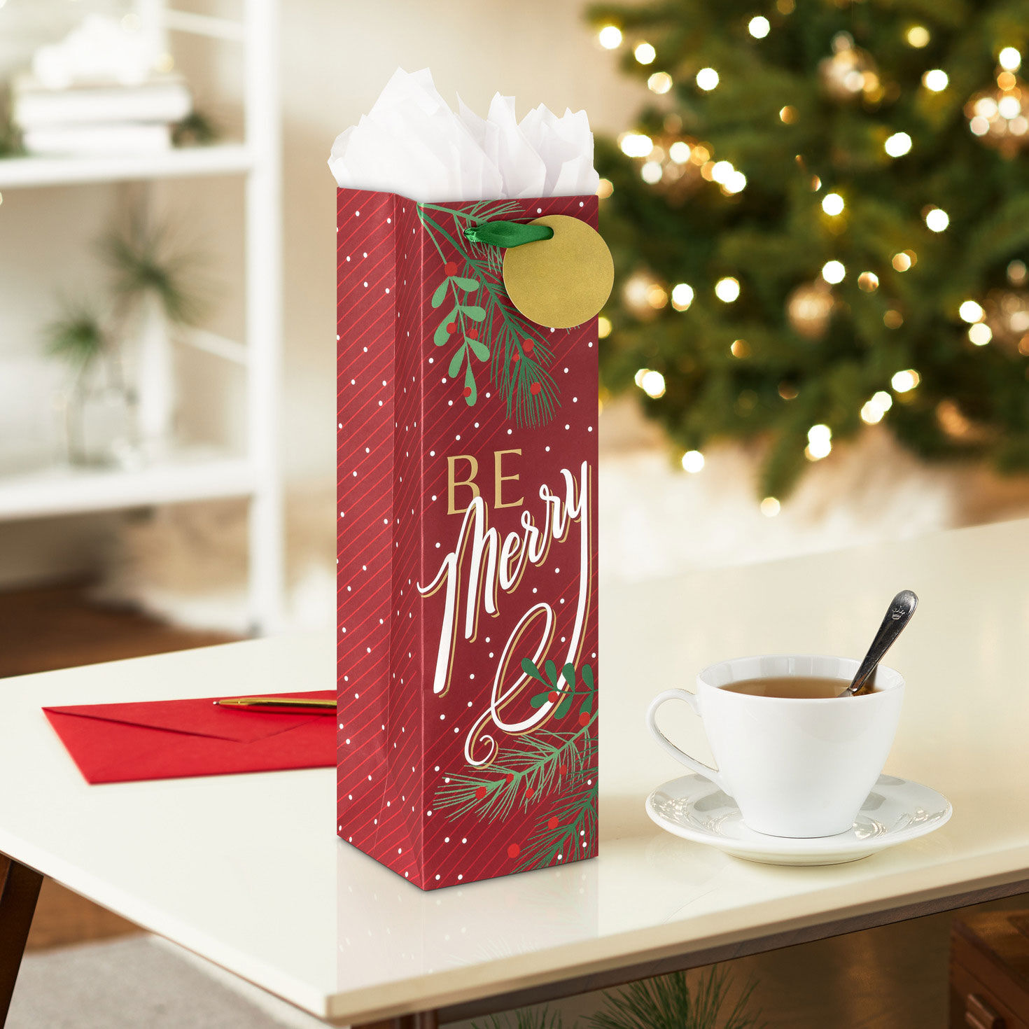 Be Merry on Dark Red Christmas Wine Gift Bag in use image number 2