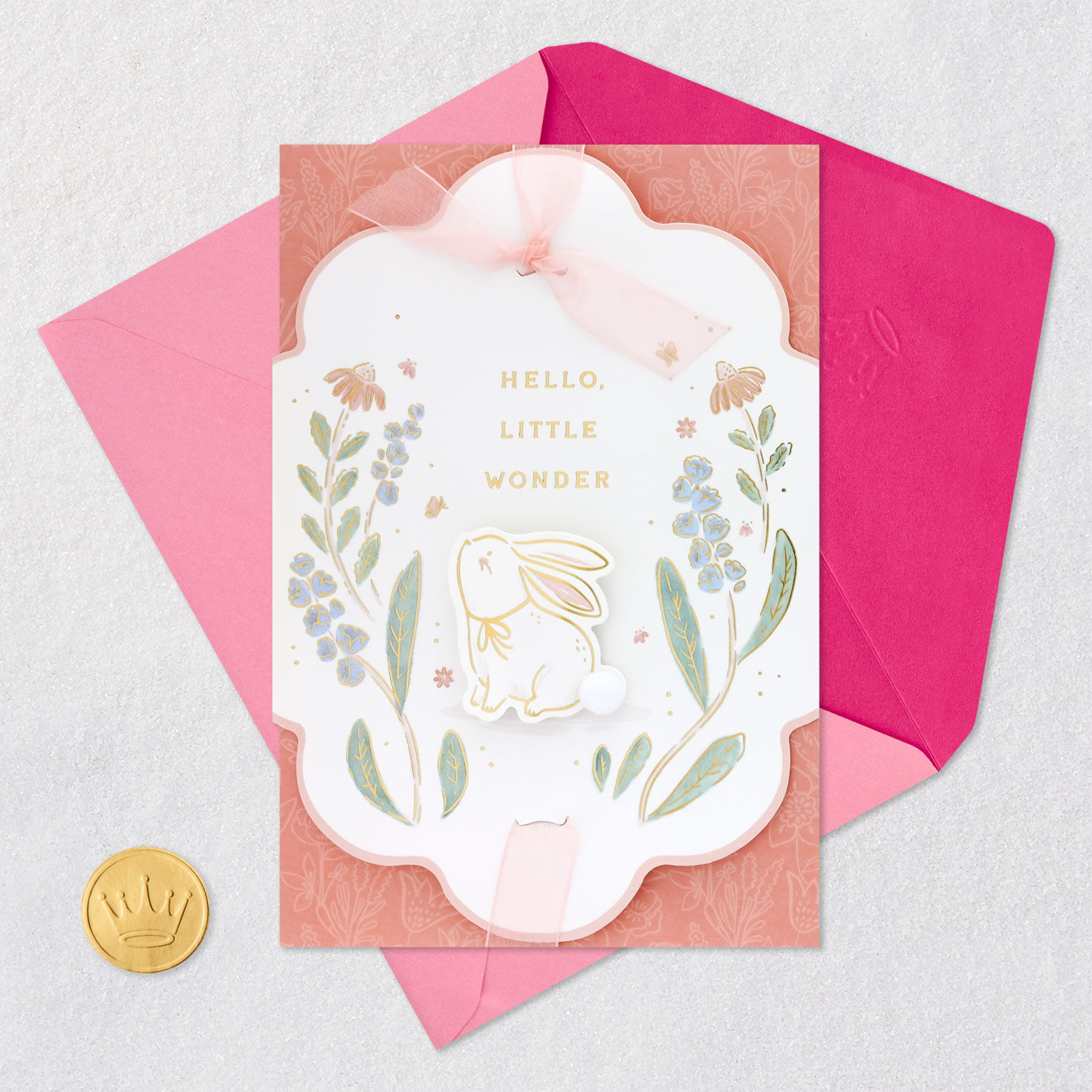 Bunny Floral New Baby Girl Card Card Front with Envelope and Gold Seal image number 5