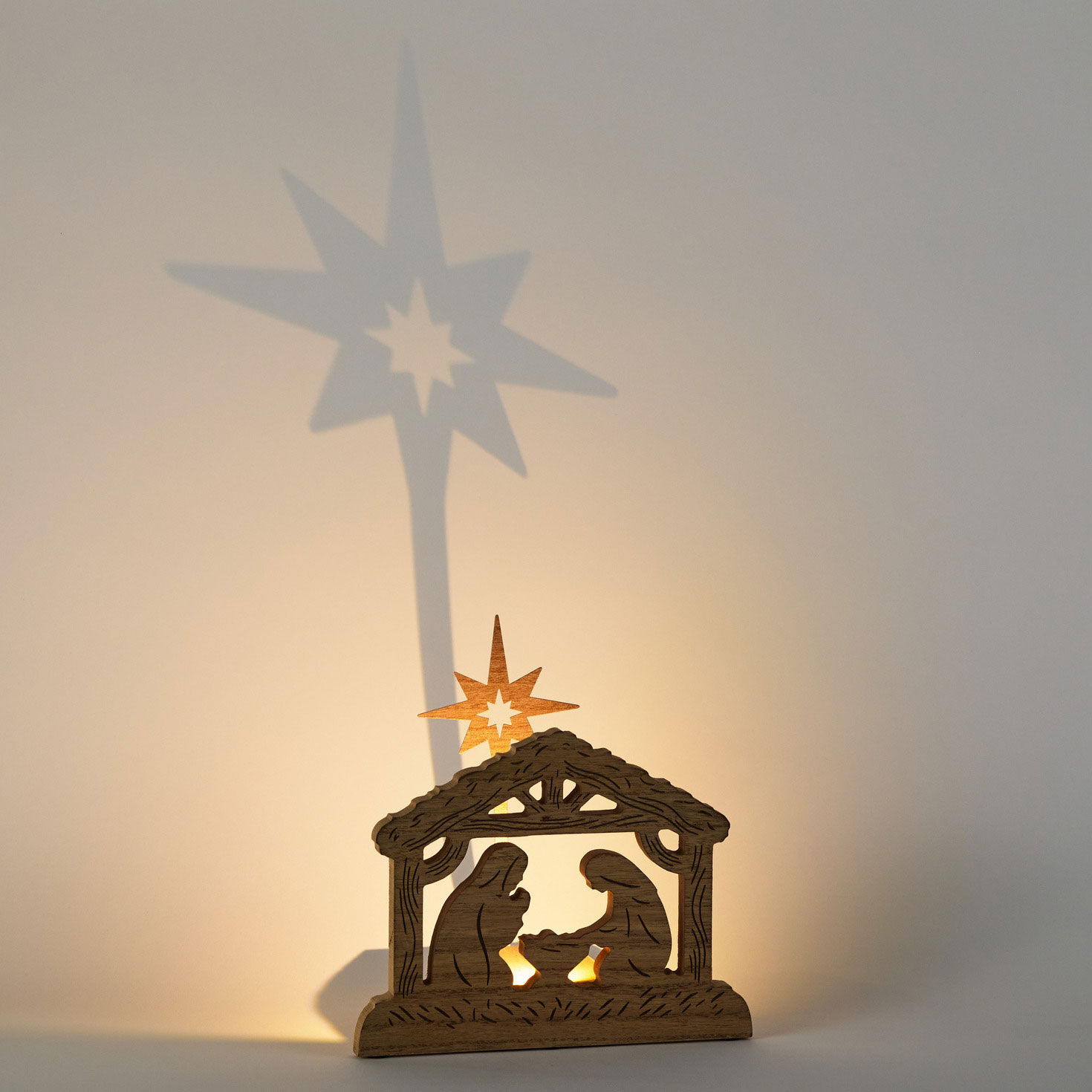 Wooden Nativity Decoration With Light in use image number 5