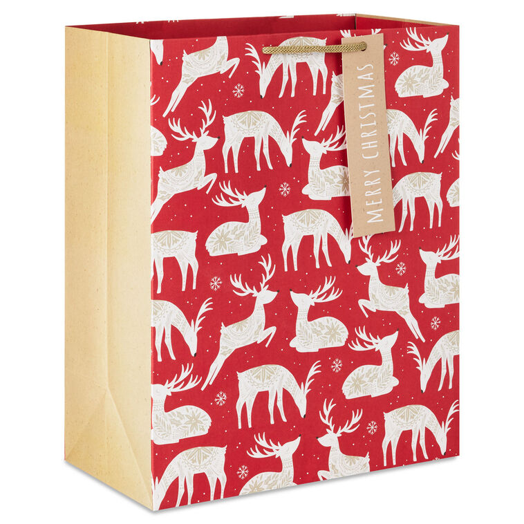 13" Patterned Deer on Red Large Christmas Gift Bag