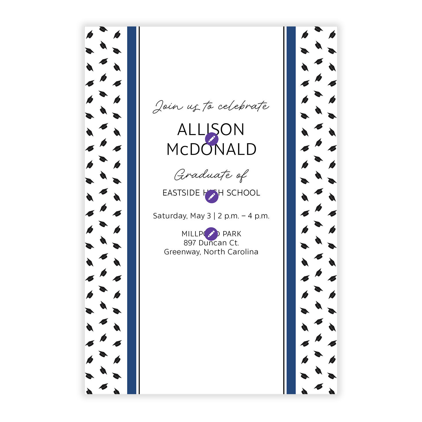 Blue Border Black Hats Grad Party Invitation Card Front indicating personalization image number 5