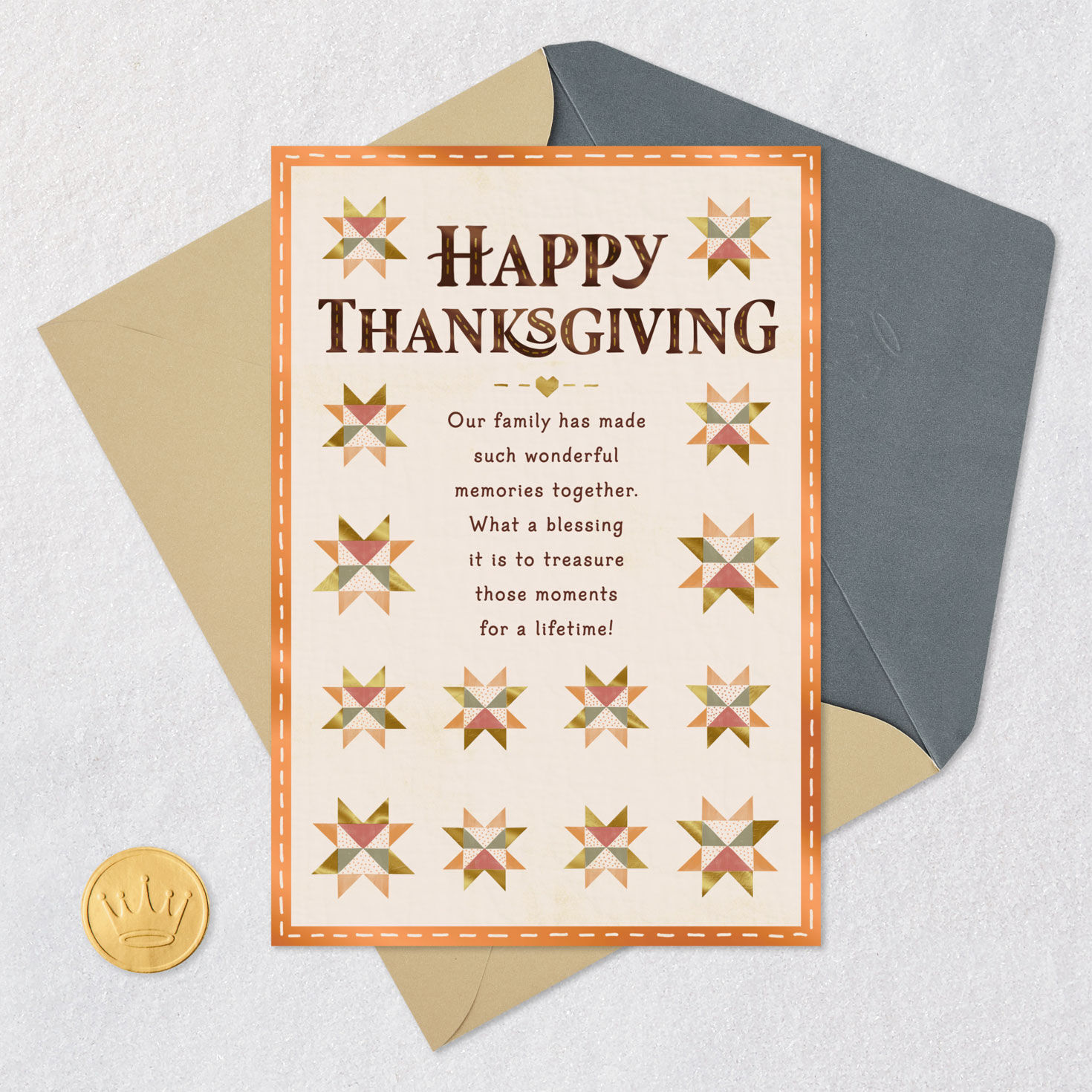 Tan and Green Quilt Thanksgiving Family Card for Family Card Front with Envelope and Gold Seal image number 6