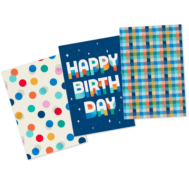 Celebrate kids' birthdays and more with this 3-pack of medium gift boxes in an assortment of dot, plaid and lettering designs. 2-piece gift boxes come with coordinating blue bases.  image number 5