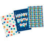 Celebrate kids' birthdays and more with this 3-pack of medium gift boxes in an assortment of dot, plaid and lettering designs. 2-piece gift boxes come with coordinating blue bases.  image number 5