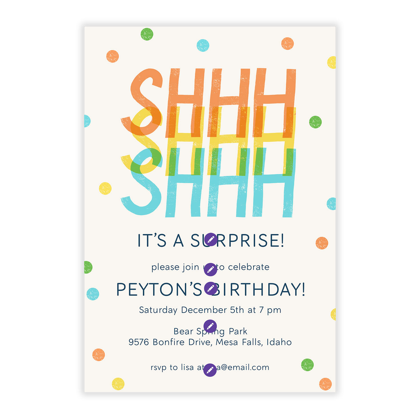 Colored Dots Shhh Personalized Party Invitation Card Front indicating personalization image number 5