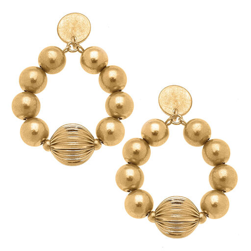 Worn Gold Ribbed Metal Beads Teardrop Earrings, 