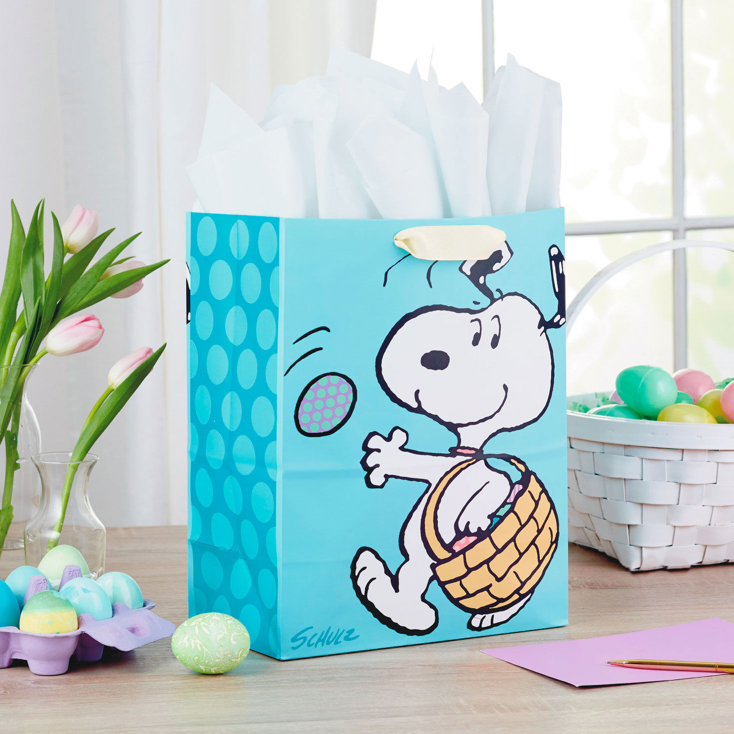 Peanuts Large Easter Gift Bag With Tissue Paper in use image number 2
