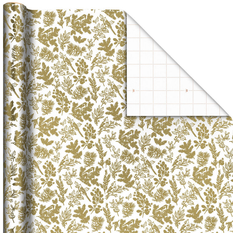 Gold Birds and Botanicals on White Foil Christmas Wrapping Paper Roll, 22.5 sq. ft.