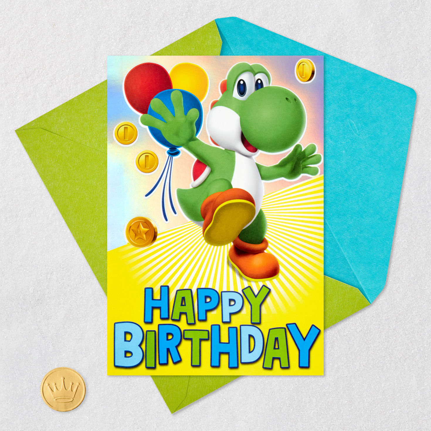 Nintendo Yoshi Yellow and Green Birthday Card Card Front with Envelope and Gold Seal image number 5