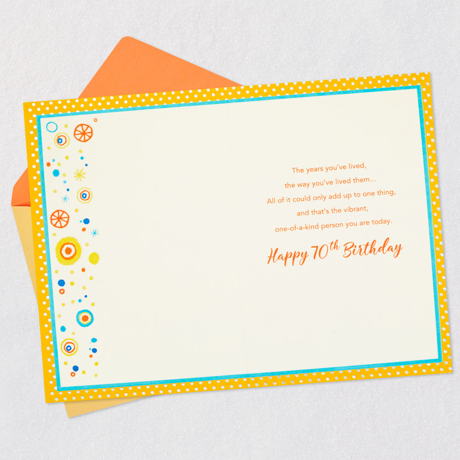 Yellow Circles Pattern 70th Birthday Card Open card with envelope image number 3