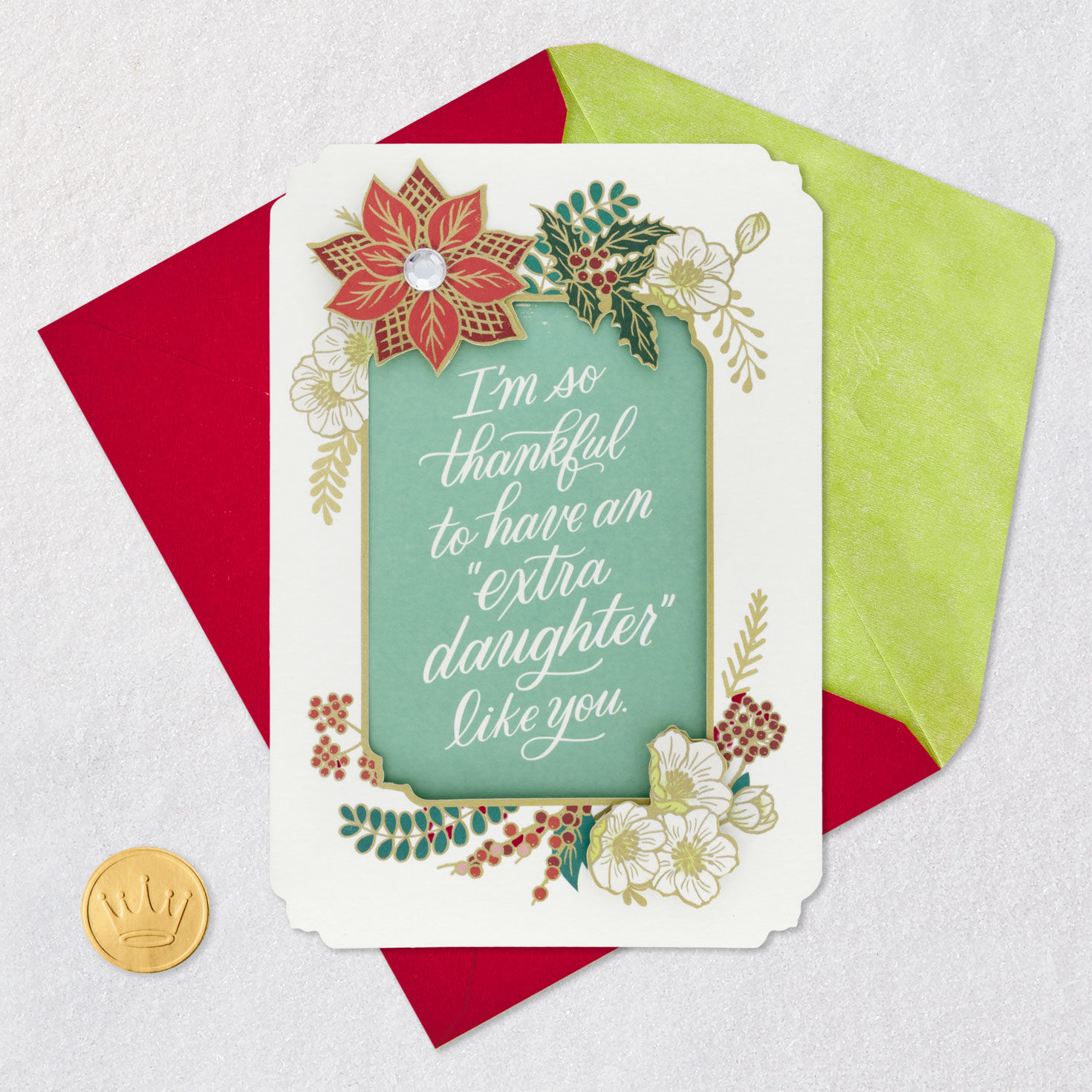 Poinsettia Floral Christmas Card for Daughter-in-Law Card Front with Envelope and Gold Seal image number 6