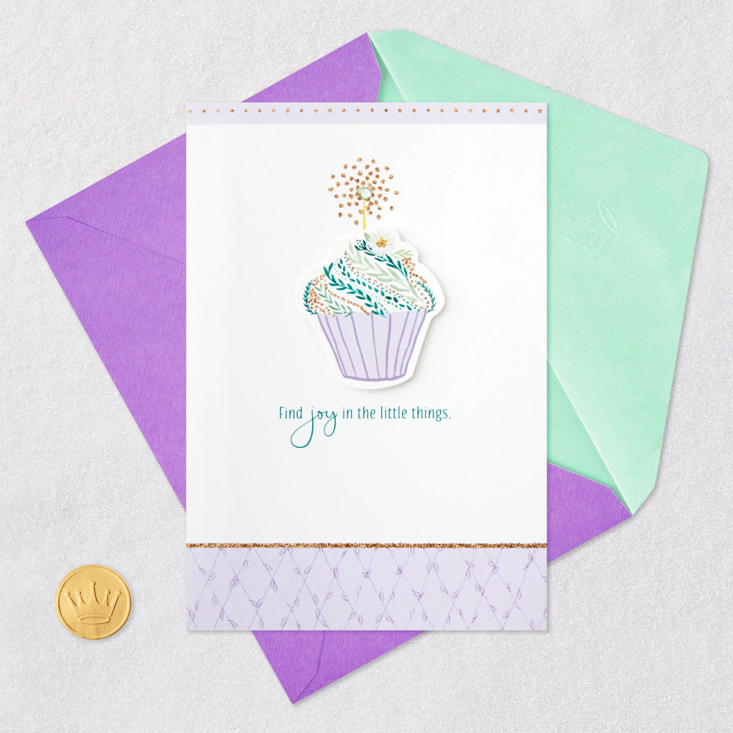 Cupcake and Vines Birthday Card Card Front with Envelope and Gold Seal image number 5