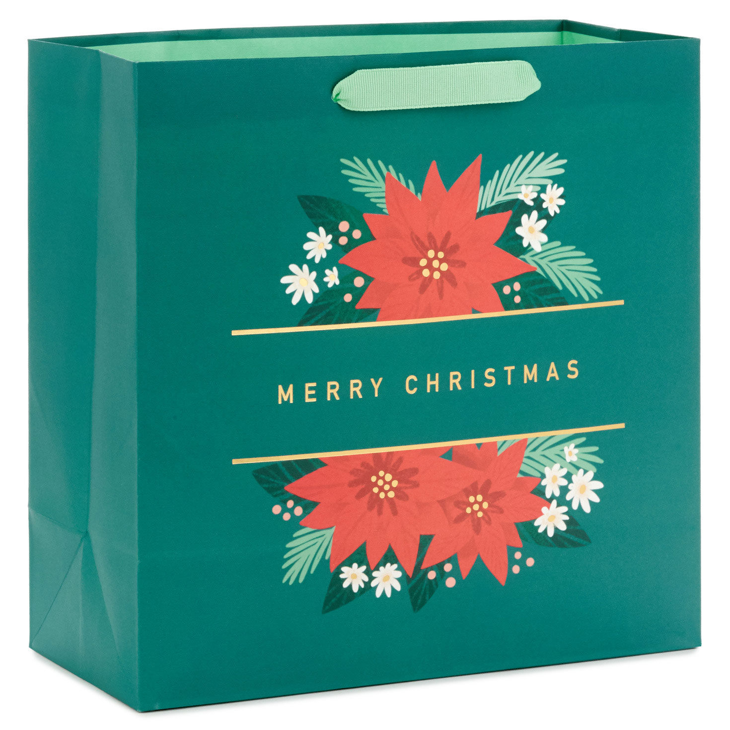 10.4" Poinsettias on Green Large Square Christmas Gift Bag