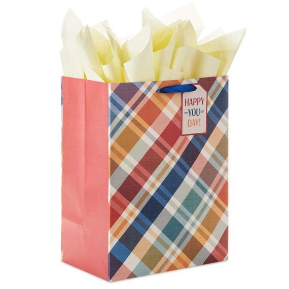 17" Brown and Blue Plaid Extra-Deep Gift Bag With Tissue Paper