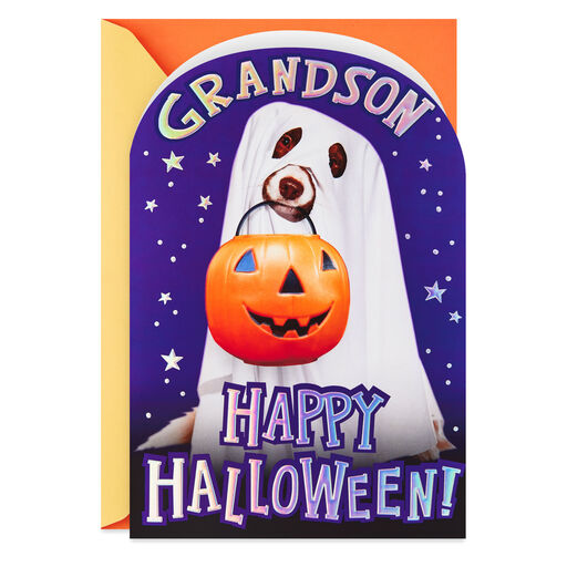 Dog in Ghost Costume Halloween Card for Grandson, 