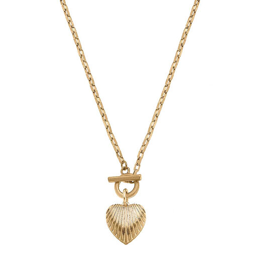 Worn Gold Ribbed Metal Heart Pendant T-Bar Necklace, 