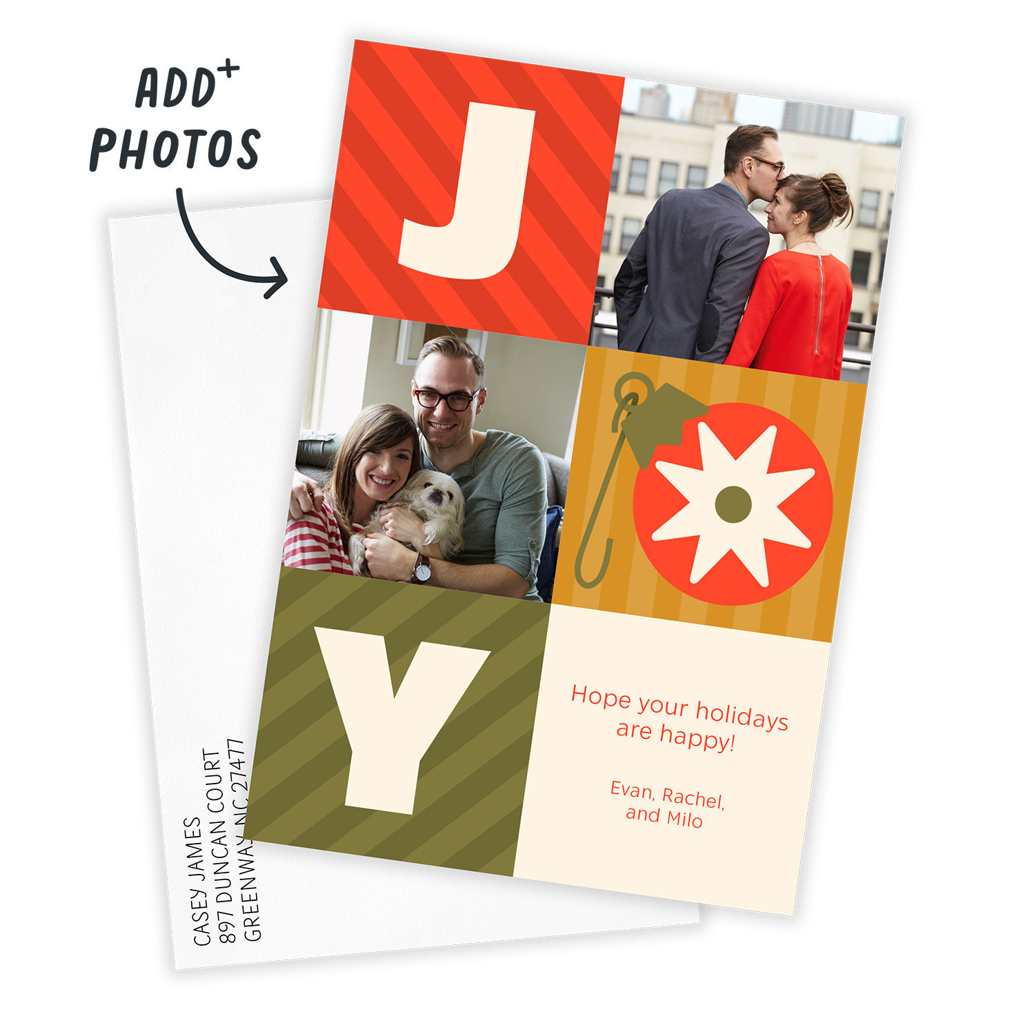 JOY Striped Blocks Personalized Holiday Photo Card Card Front indicating personalization image number 2