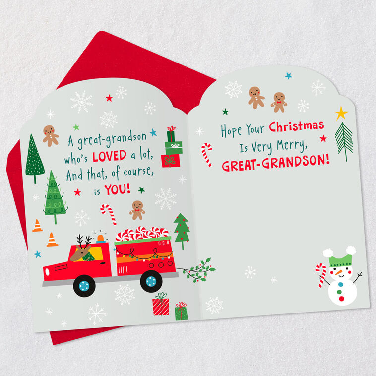 Santa in Fire Truck Great-Grandson Christmas Card Open card with envelope image number 4