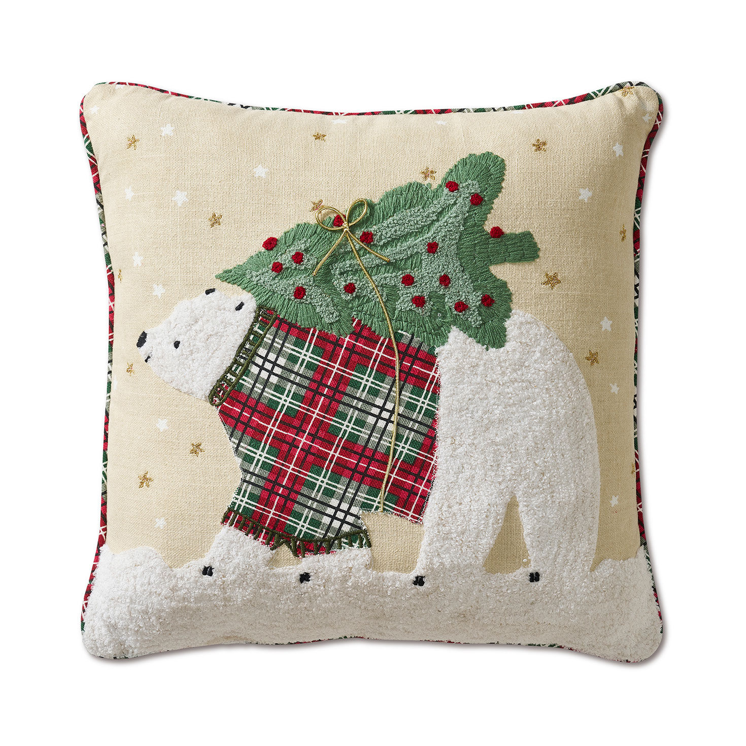 Polar Bear Embroidered Holiday Pillow, 18x18