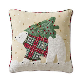 Polar Bear Embroidered Holiday Pillow, 18x18