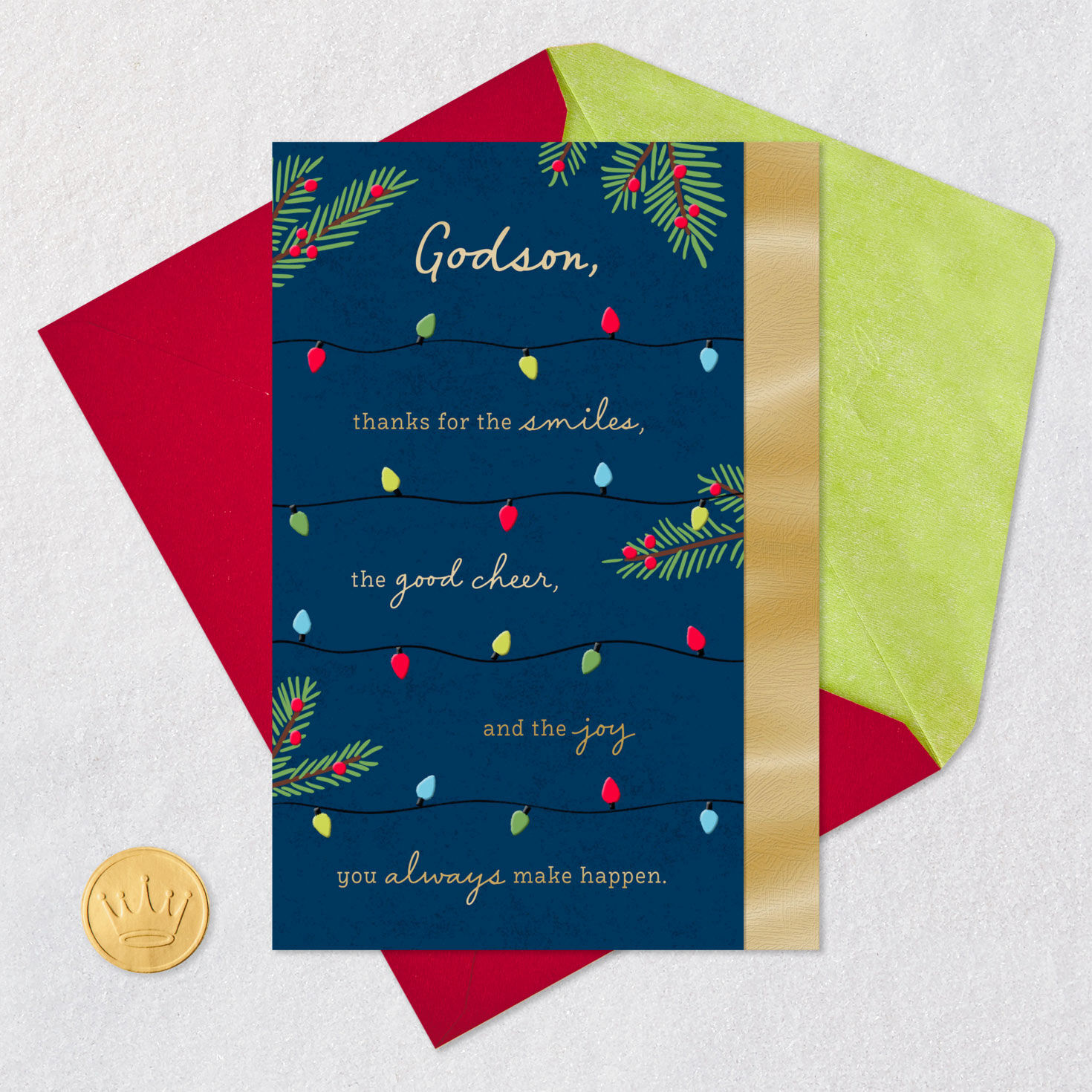 String Lights Navy Blue Christmas Card for Godson Card Front with Envelope and Gold Seal image number 5