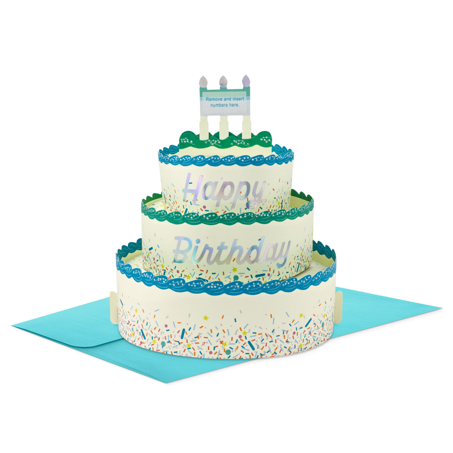 Blue and Green Confetti Cake Pick-a-Number Customizable Pop-Up Birthday Card