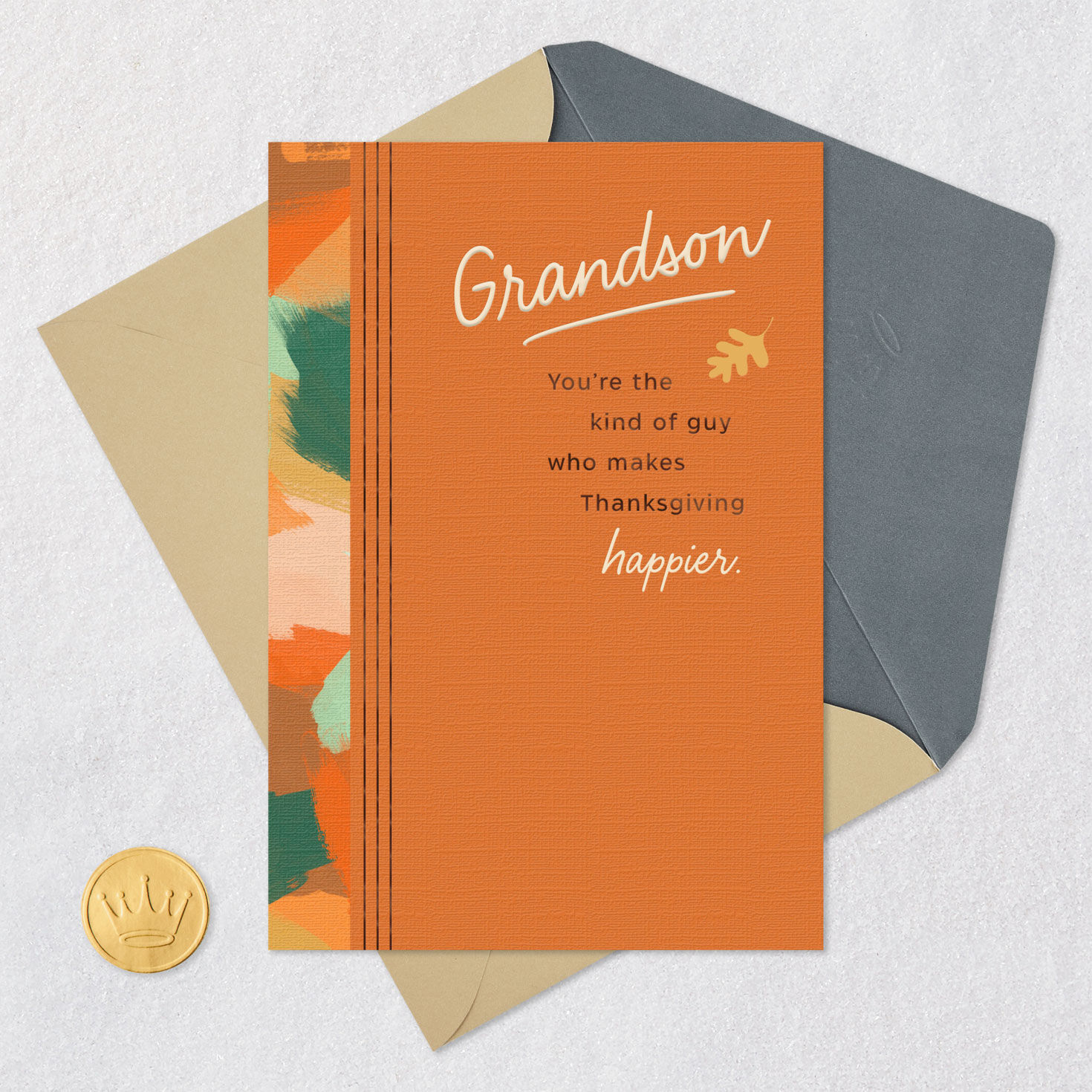 Orange and Green Abstract Thanksgiving Card for Grandson Card Front with Envelope and Gold Seal image number 6