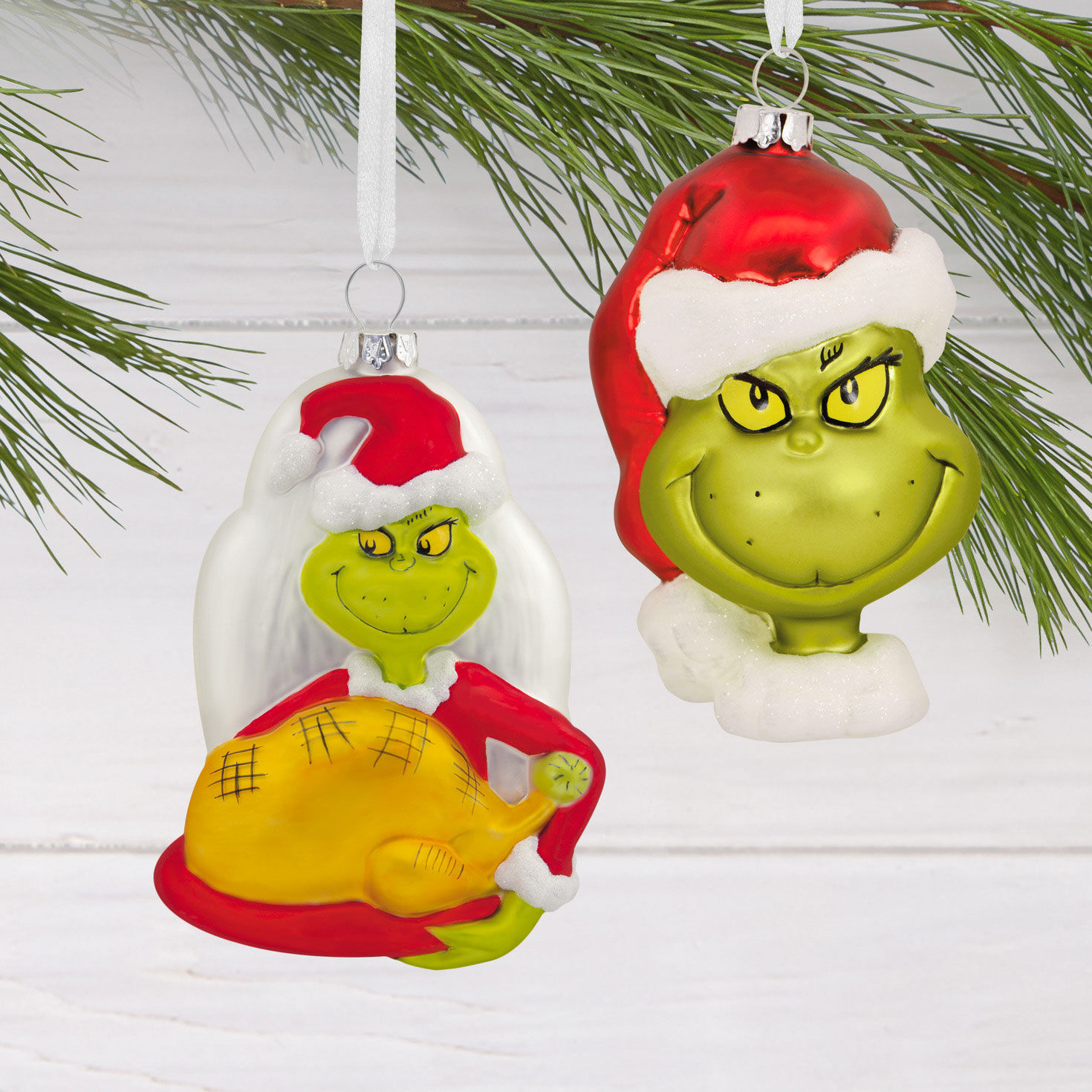 Two Grinch Christmas Ornaments hanging on tree image number 2