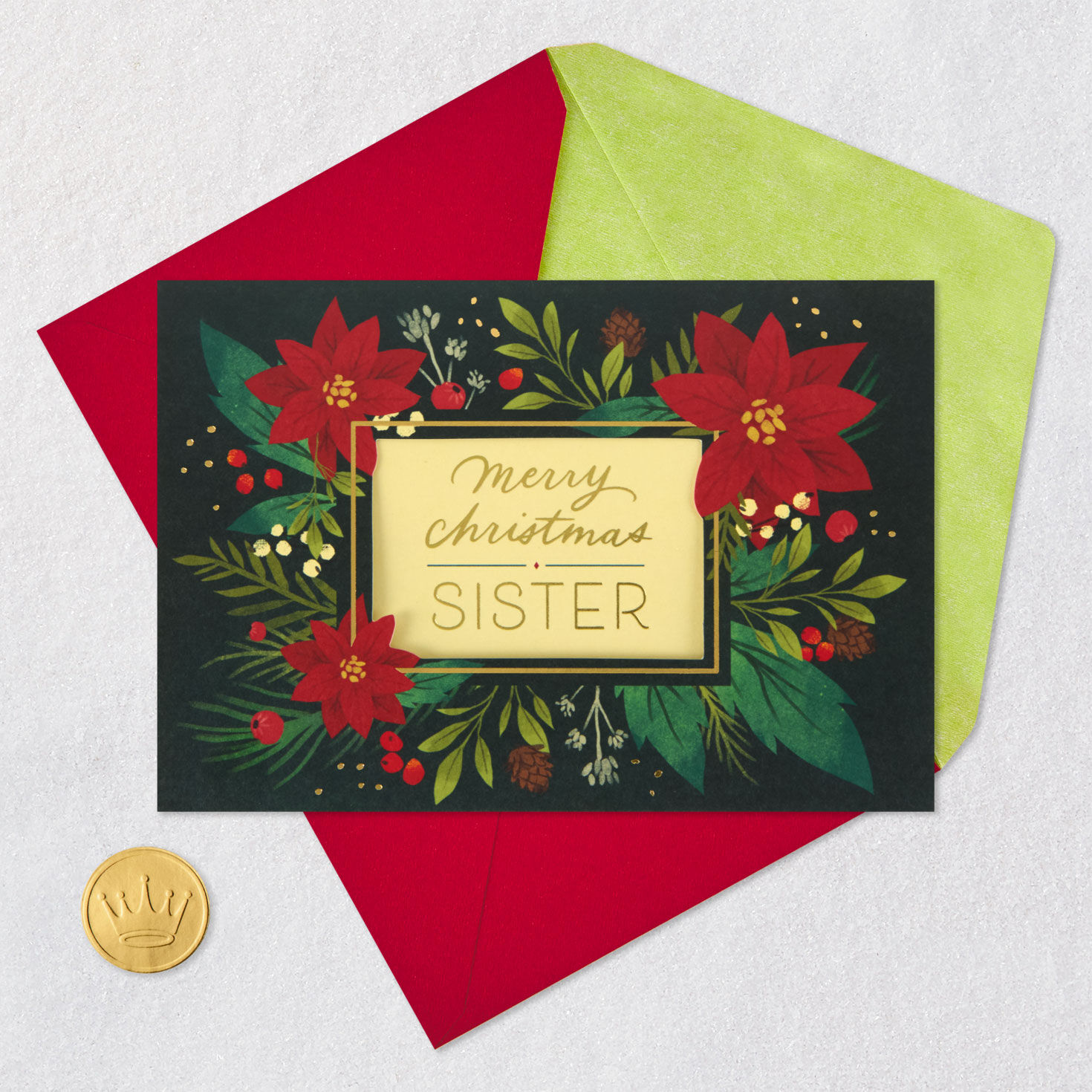 Poinsettia Flowers Sister Christmas Card Card Front with Envelope and Gold Seal image number 6