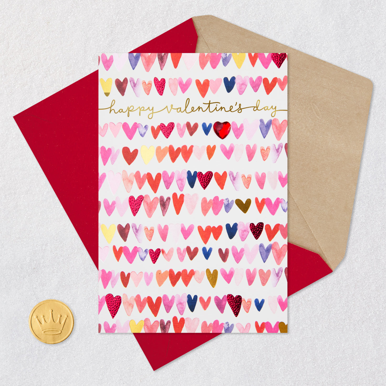Watercolor Hearts with Gem Valentine's Day Card Card Front with Envelope and Gold Seal image number 6