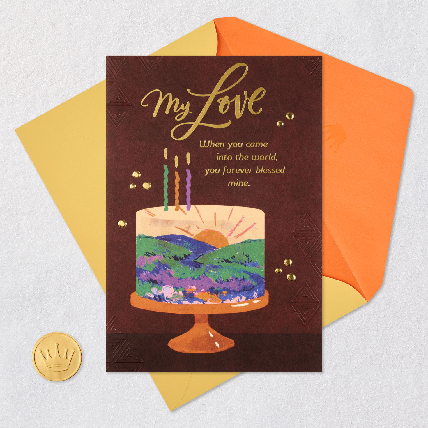 Sunrise Scene on Cake Birthday Love Card Card Front with Envelope and Gold Seal image number 7