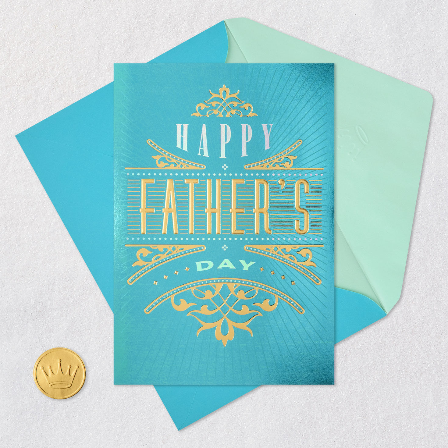 Teal Foil Art Deco Sign Father's Day Card Card Front with Envelope and Gold Seal image number 5