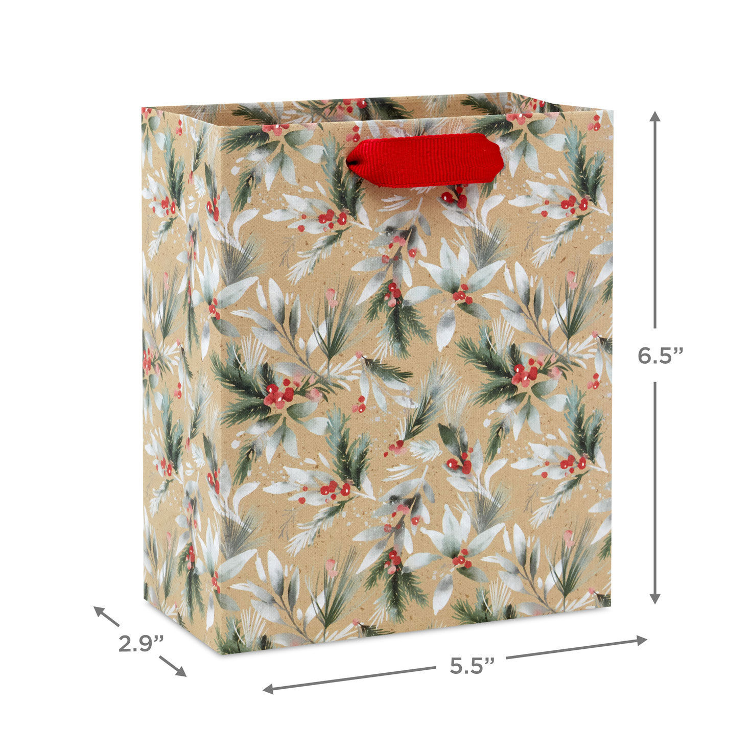Holly and Berries on Kraft Small Holiday Gift Bag measurement image number 3