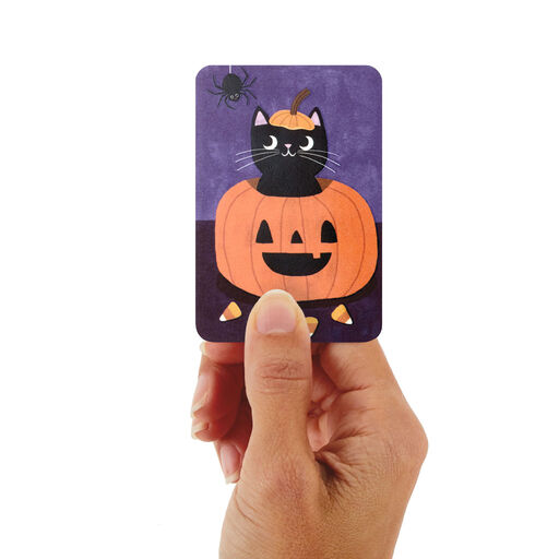 3.25" Mini Smile Black Cat in Pumpkin Halloween Card, 