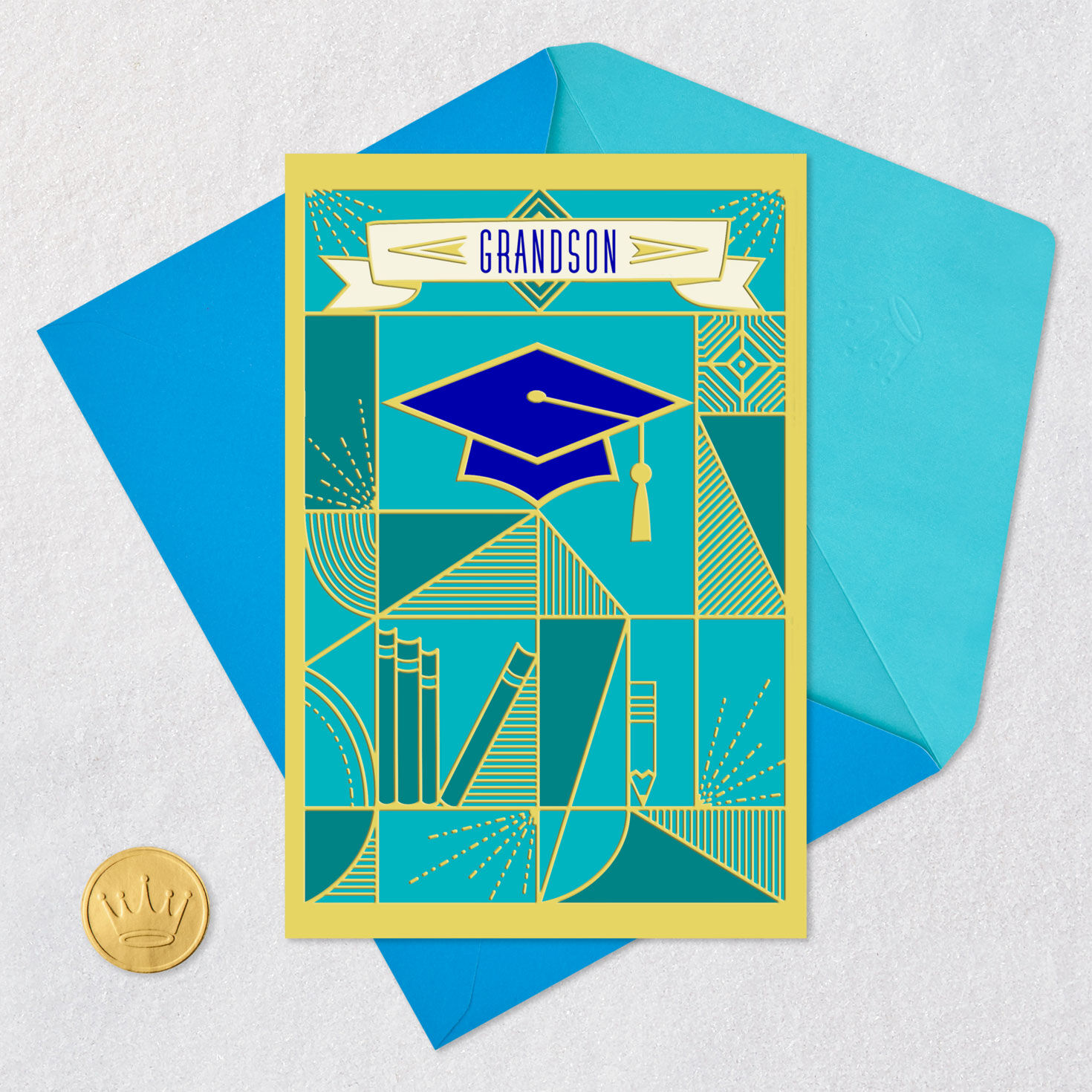 Teal Square and Books Graduation Card for Grandson Card Front with Envelope and Gold Seal image number 6