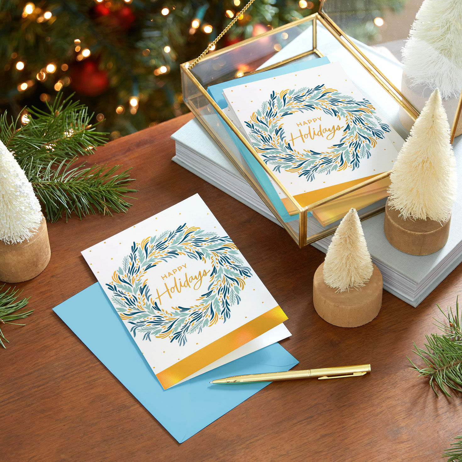 Blue Wreath on White Boxed Christmas Cards  image number 7