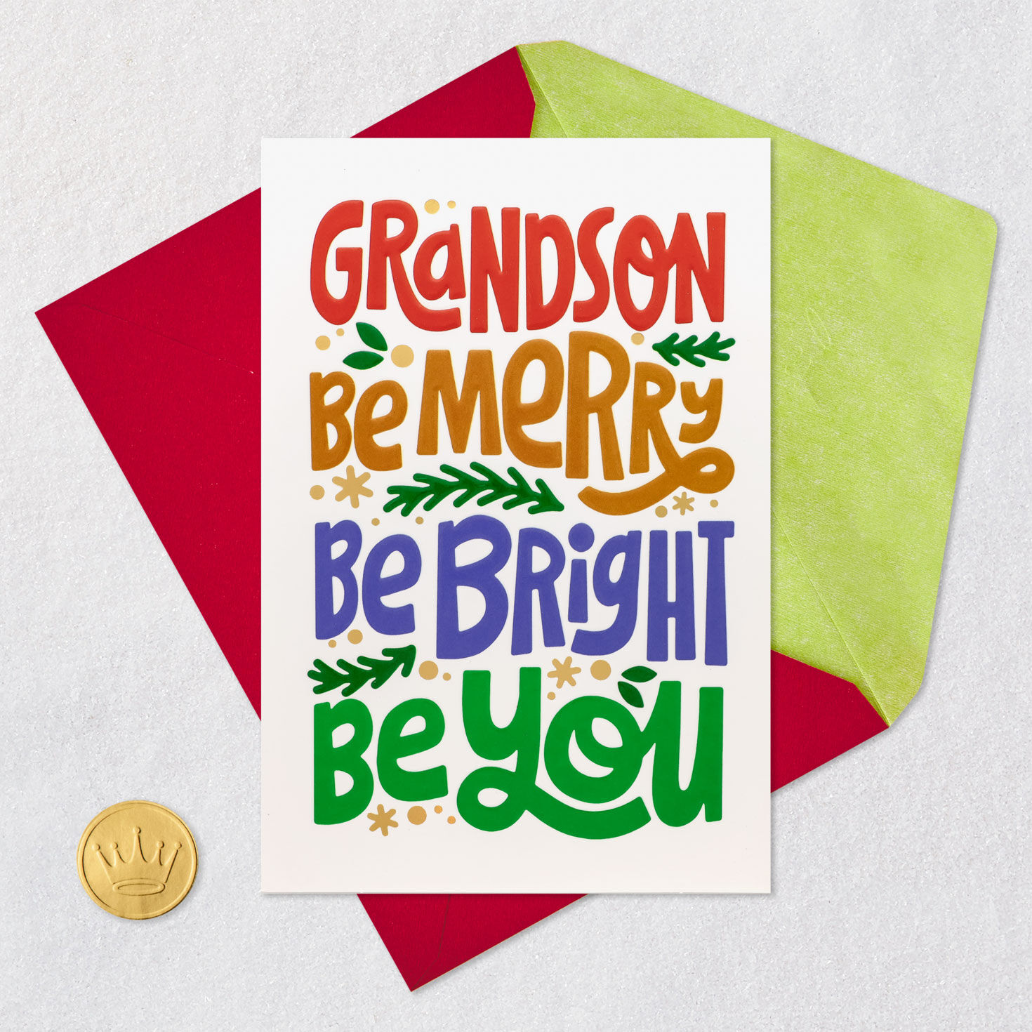 Red, Yellow, Blue and Green Christmas Card for Grandson Card Front with Envelope and Gold Seal image number 5