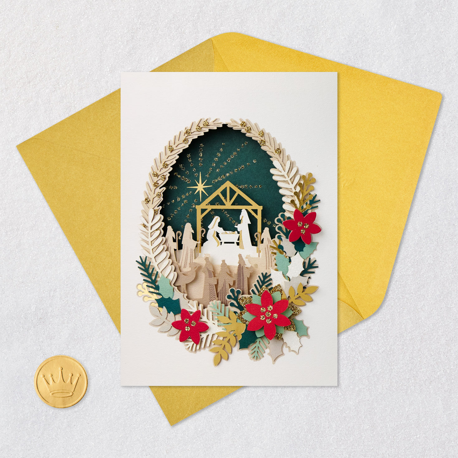 Nativity Poinsettia Religious Christmas Card Card Front with Envelope and Gold Seal image number 6